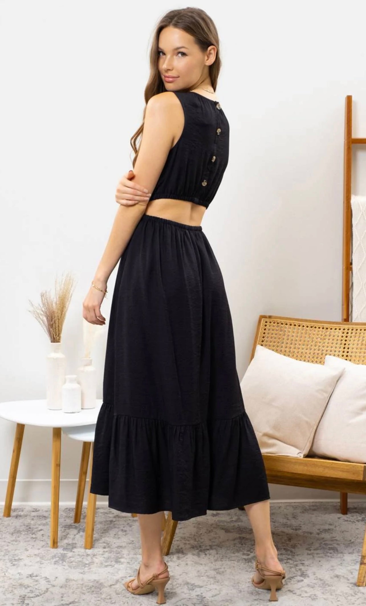 Black Open Back Midi Dress