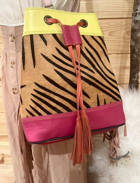 Stripes and Cowhide Bucket Crossbody