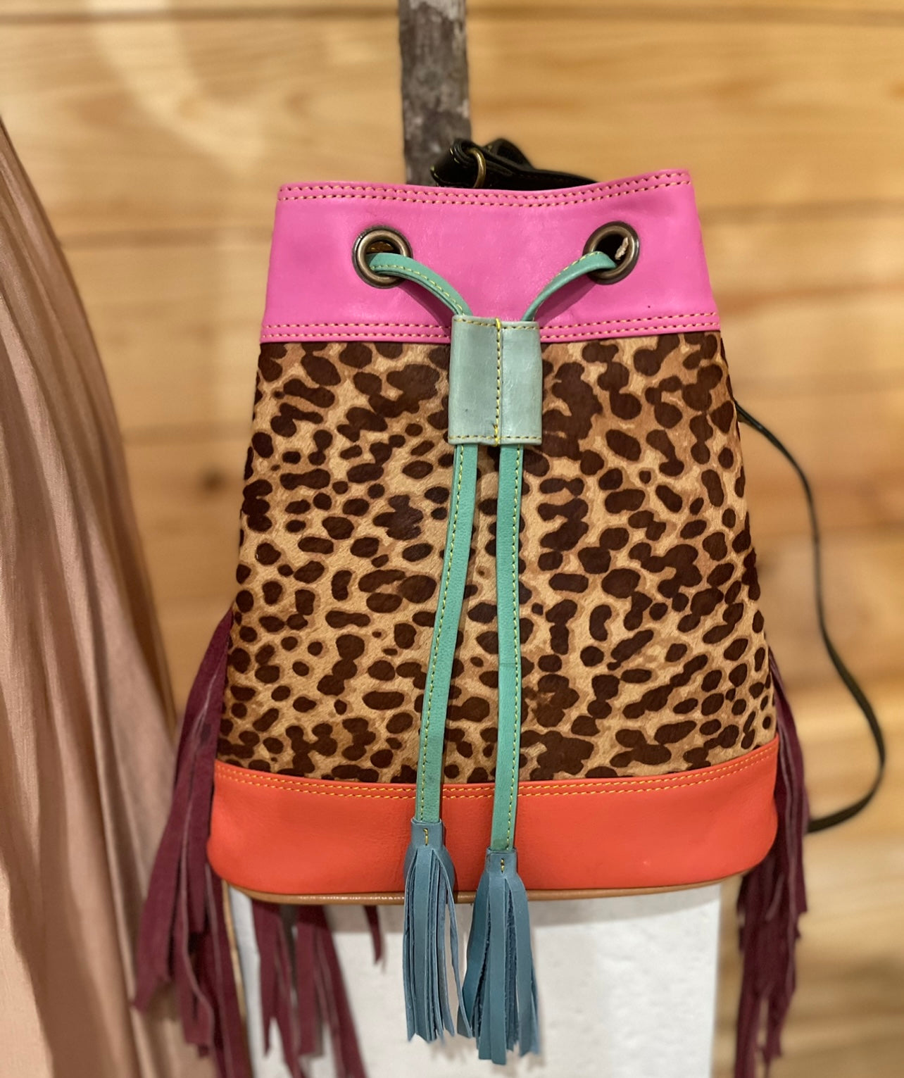 Brown Dots & Cowhide Leather Bucket bag